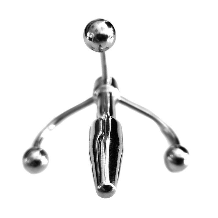 Stainless steel penis plug with a triple hook and a crown-shaped head.
