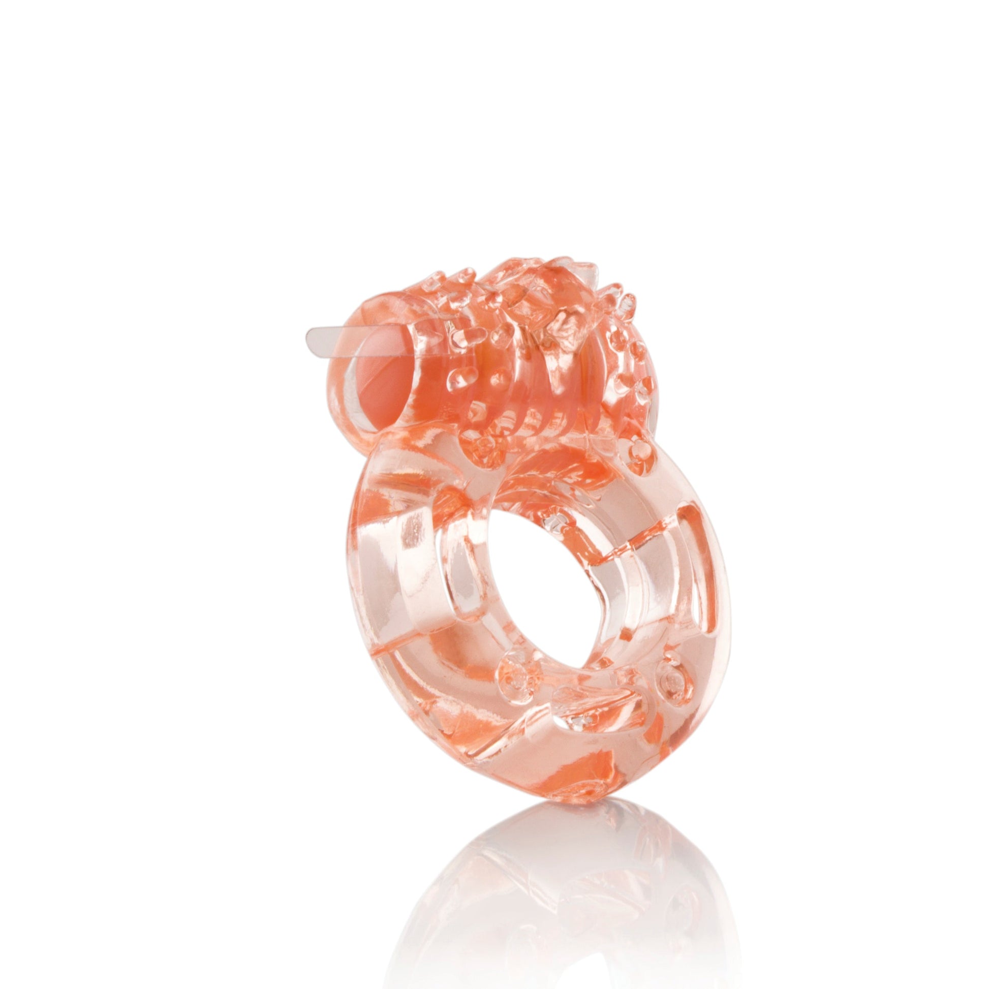 A clear vibrating cock ring with textured ticklers.