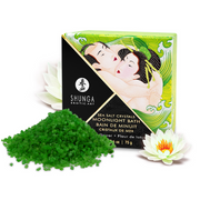 Green sea salt crystals with a box featuring an erotic art print and lotus flowers.