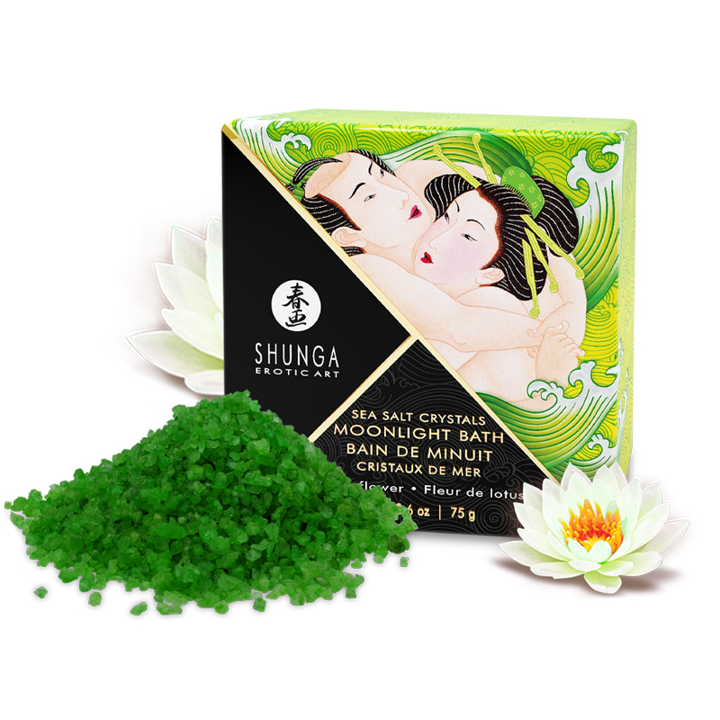 Green sea salt crystals with a box featuring an erotic art print and lotus flowers.
