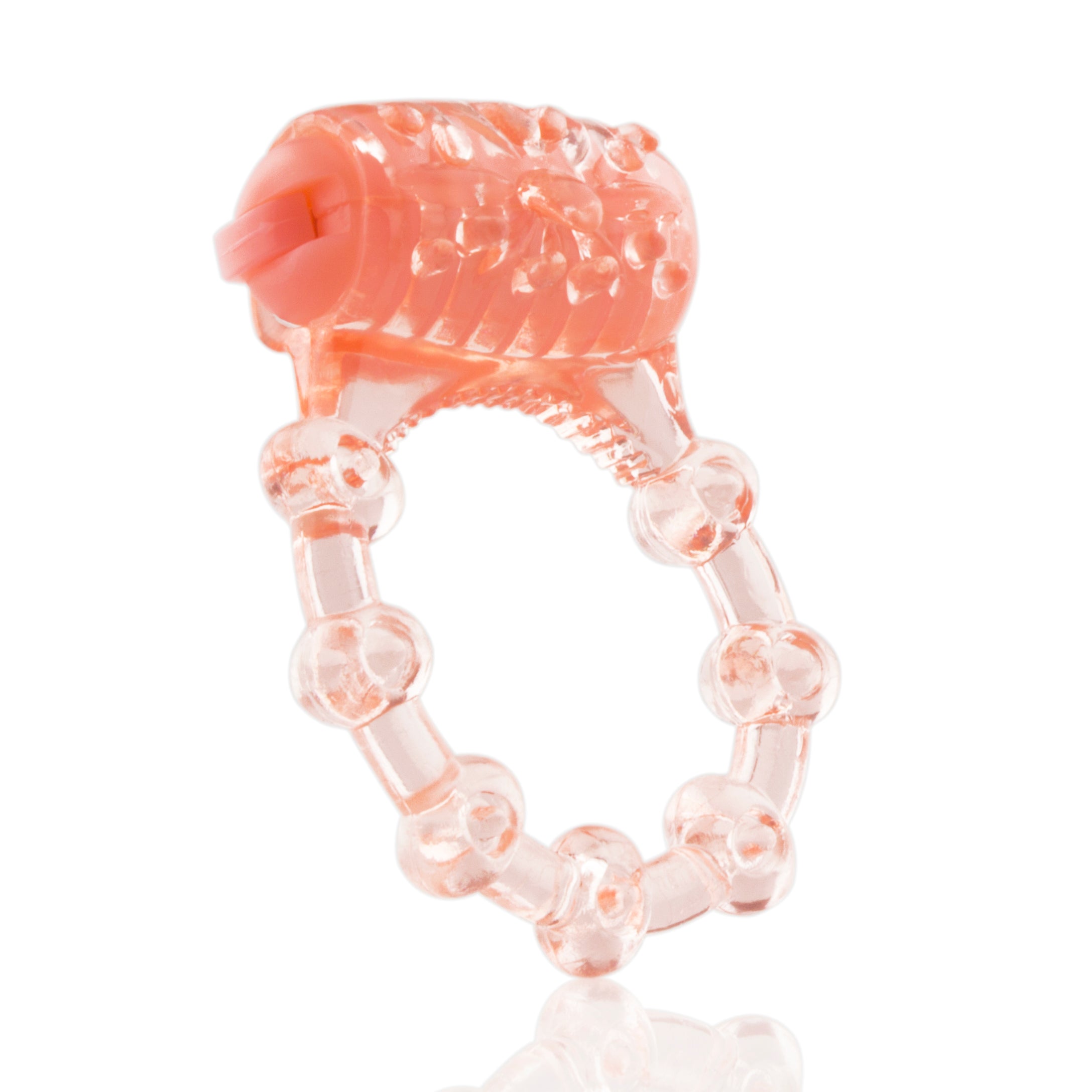 A pink vibrating pleasure ring with a textured head and beaded band.