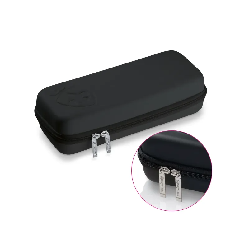 Black zippered case with a raised logo and two silver zipper pulls.
