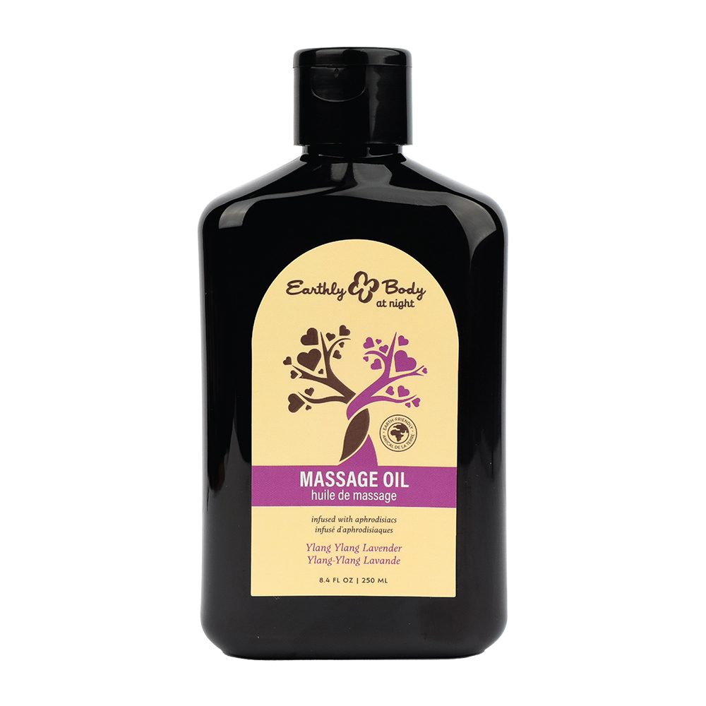 Black bottle of Earthly Body massage oil with a yellow label featuring a tree and hearts.