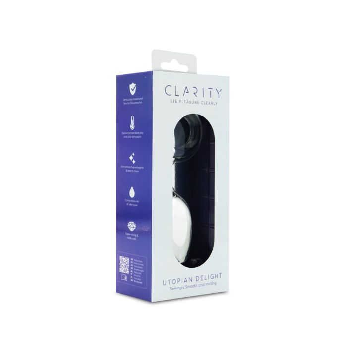 Clarity Utopian Delight glass anal plug in its packaging.