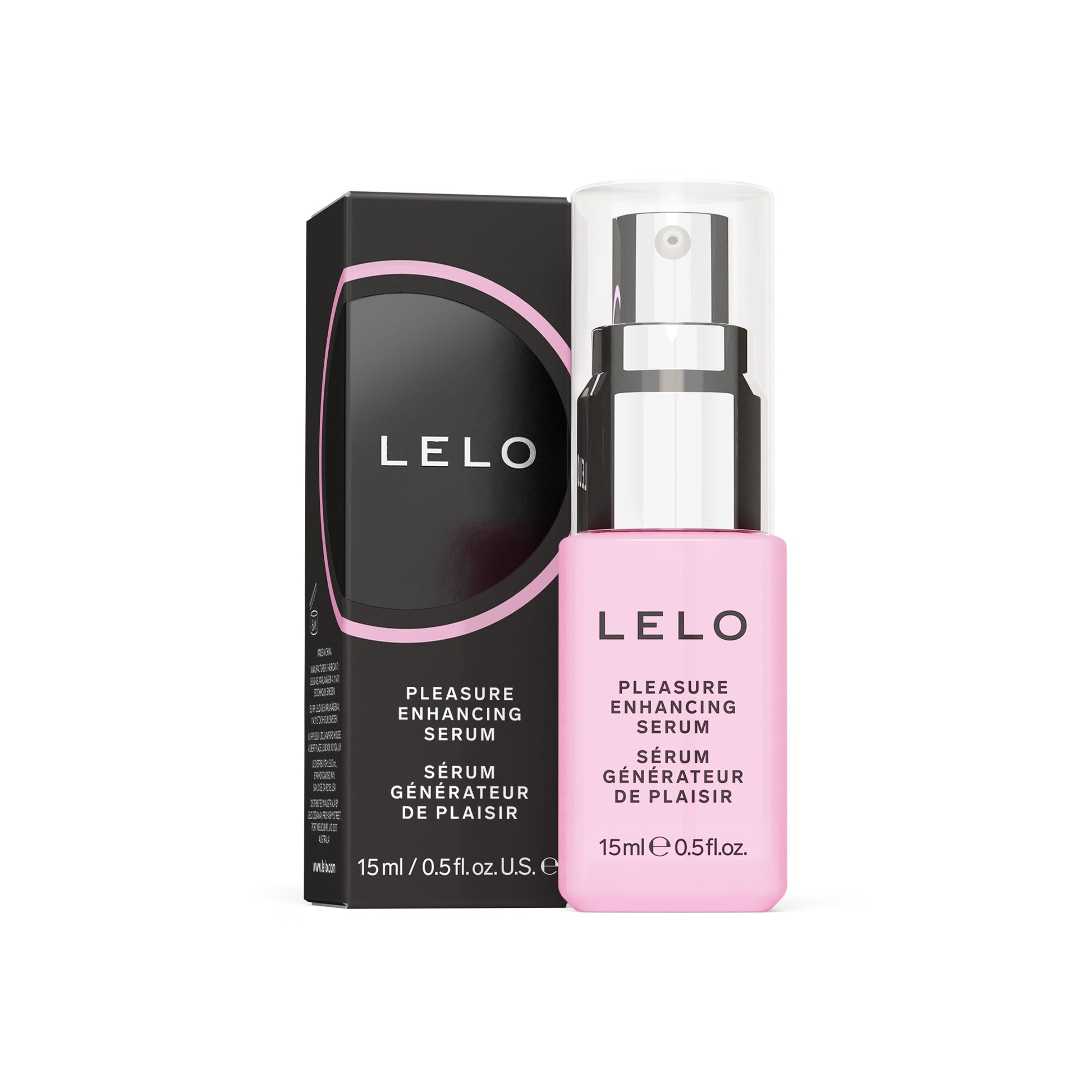 A pink bottle of Lelo Pleasure Enhancing Serum with a black box.