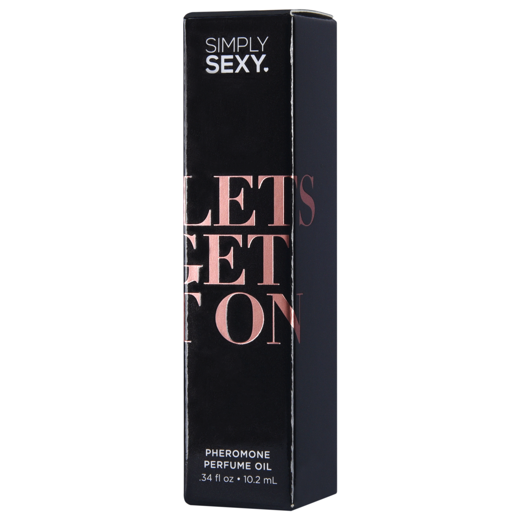 A black box with "SIMPLY SEXY." and "LET'S GET IT ON" in rose gold lettering.