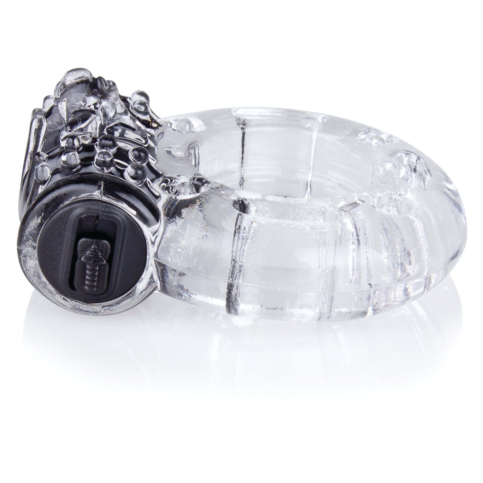 Clear vibrating cock ring with a black textured base.
