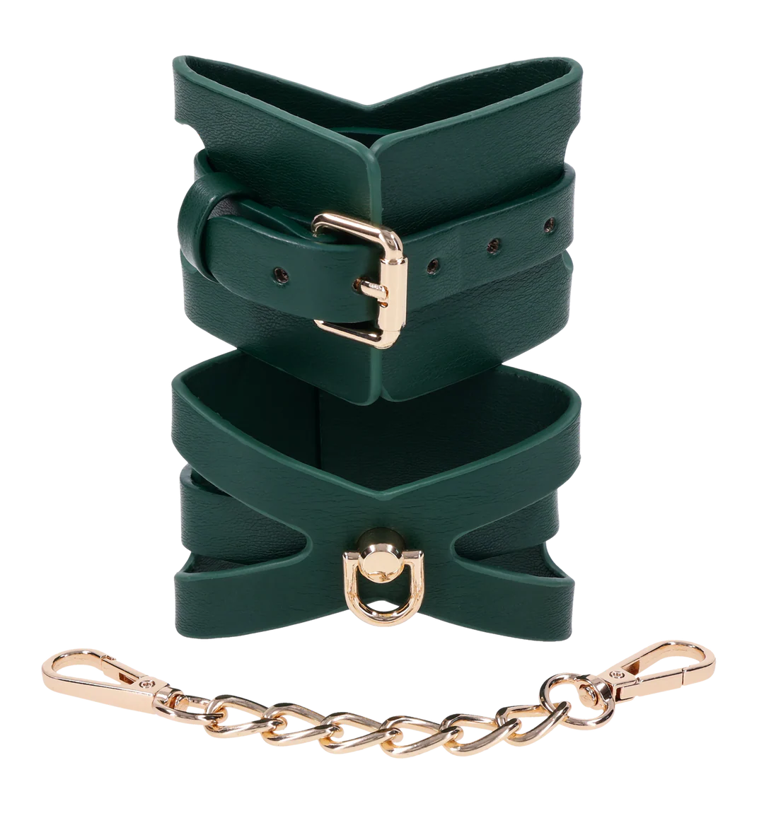 Emerald green faux leather cuffs with gold hardware and a gold chain.