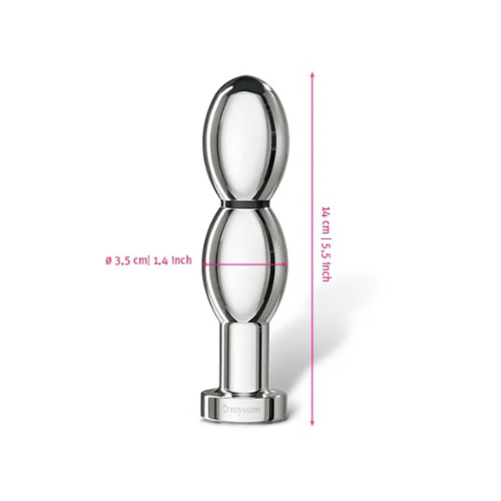 Aluminum E-Stim oval dildo with double oval shape, 14 cm long and 3.5 cm diameter.