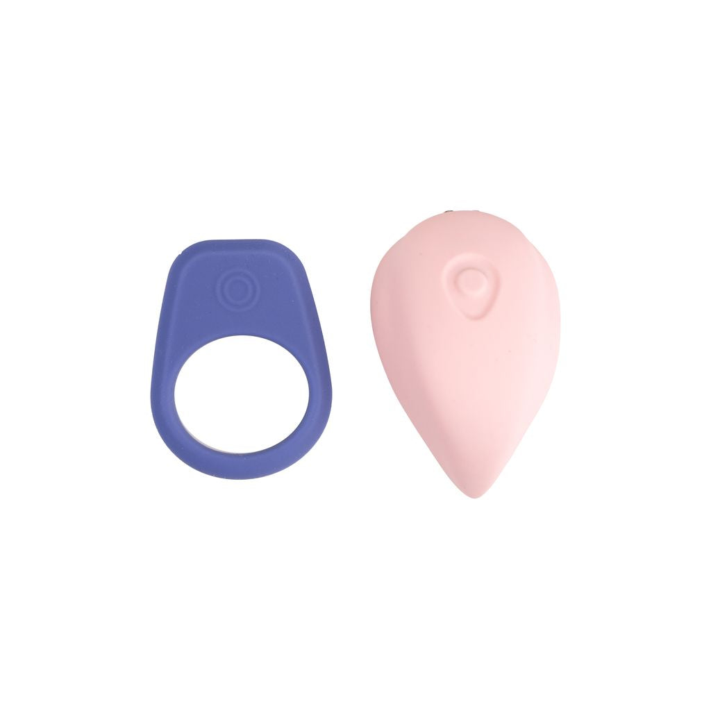 A pink teardrop-shaped vibrator and a blue ring.