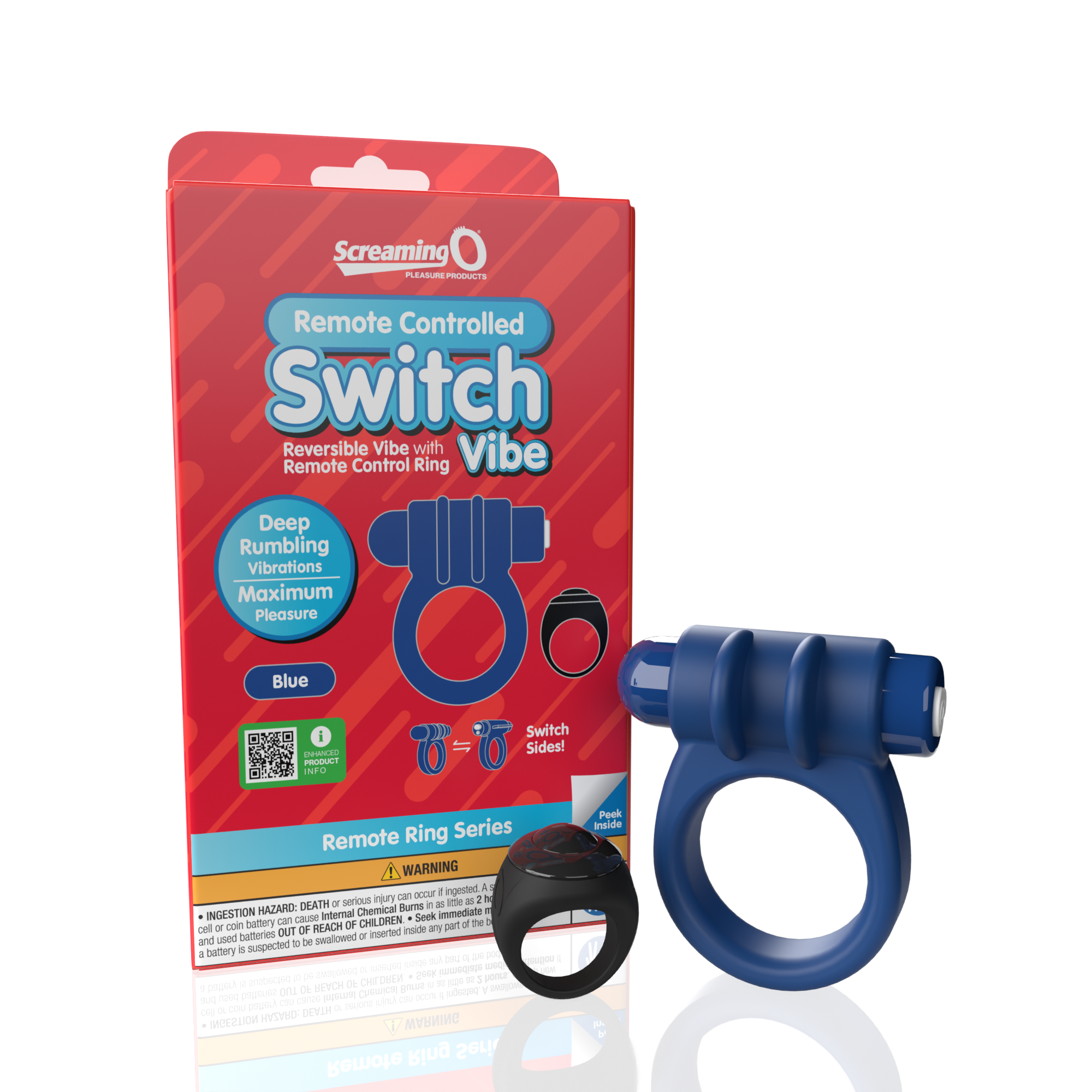 Blue remote-controlled vibrating cock ring with a black remote.