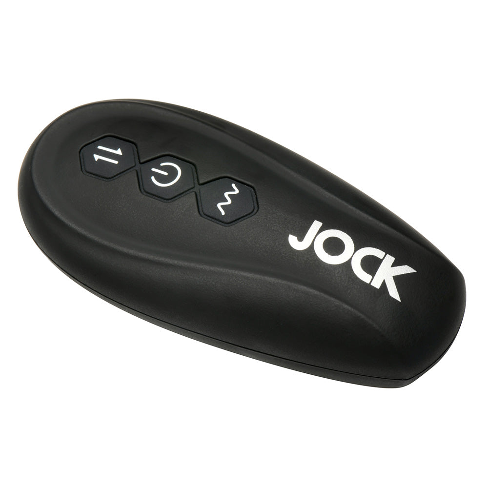 Black remote control with three buttons and the JOCK logo.