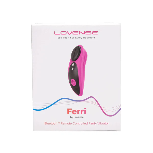 Lovense Ferri pink and black remote-controlled panty vibrator on its box.