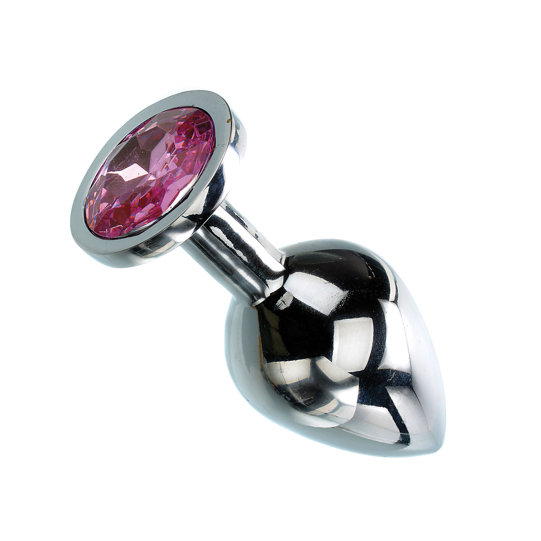 Silver anal plug with a pink gem on a flared base.