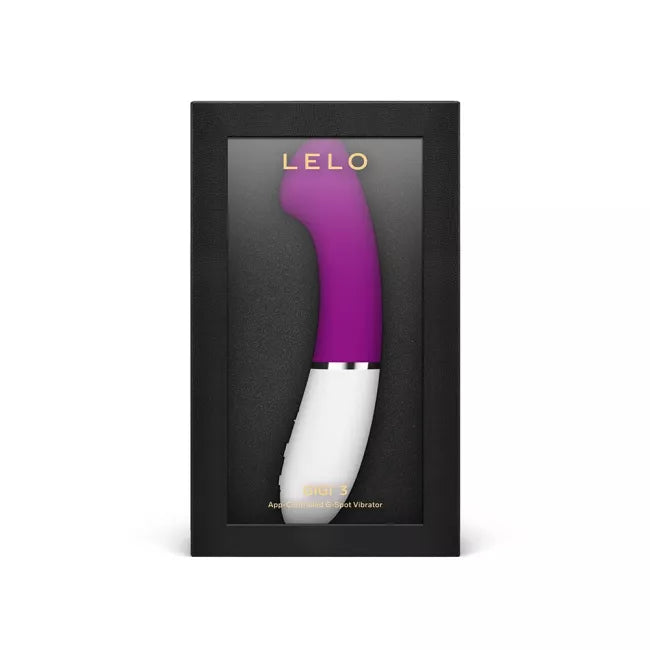 A purple and white Lelo Gigi 3 app-controlled G-spot vibrator in a black box.