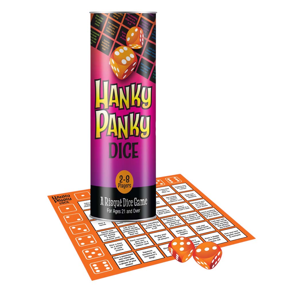 Hanky Panky Dice Game with suggestive challenge grid and dice.