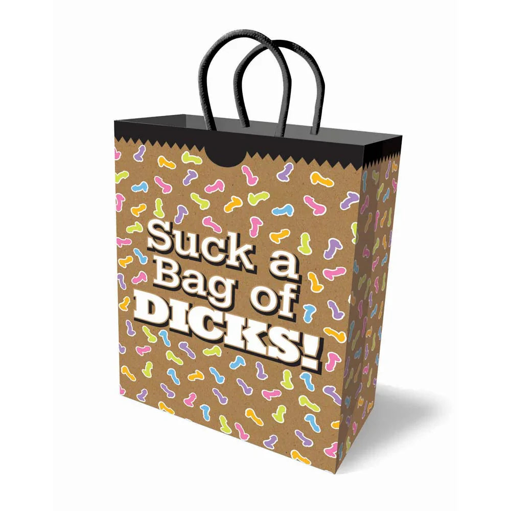 A brown gift bag with colorful phallic patterns and the text "Suck a Bag of Dicks".
