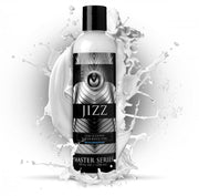 A bottle of white, creamy water-based lube with "JIZZ" and "MASTER SERIES" labels.