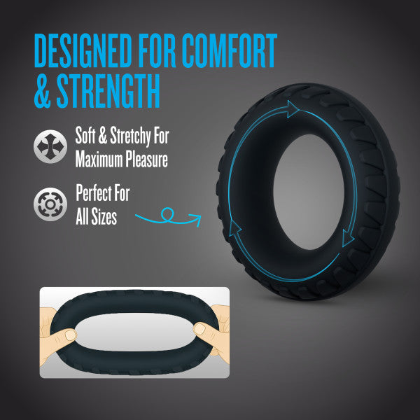 Textured black silicone cock ring with blue arrows indicating stretch.