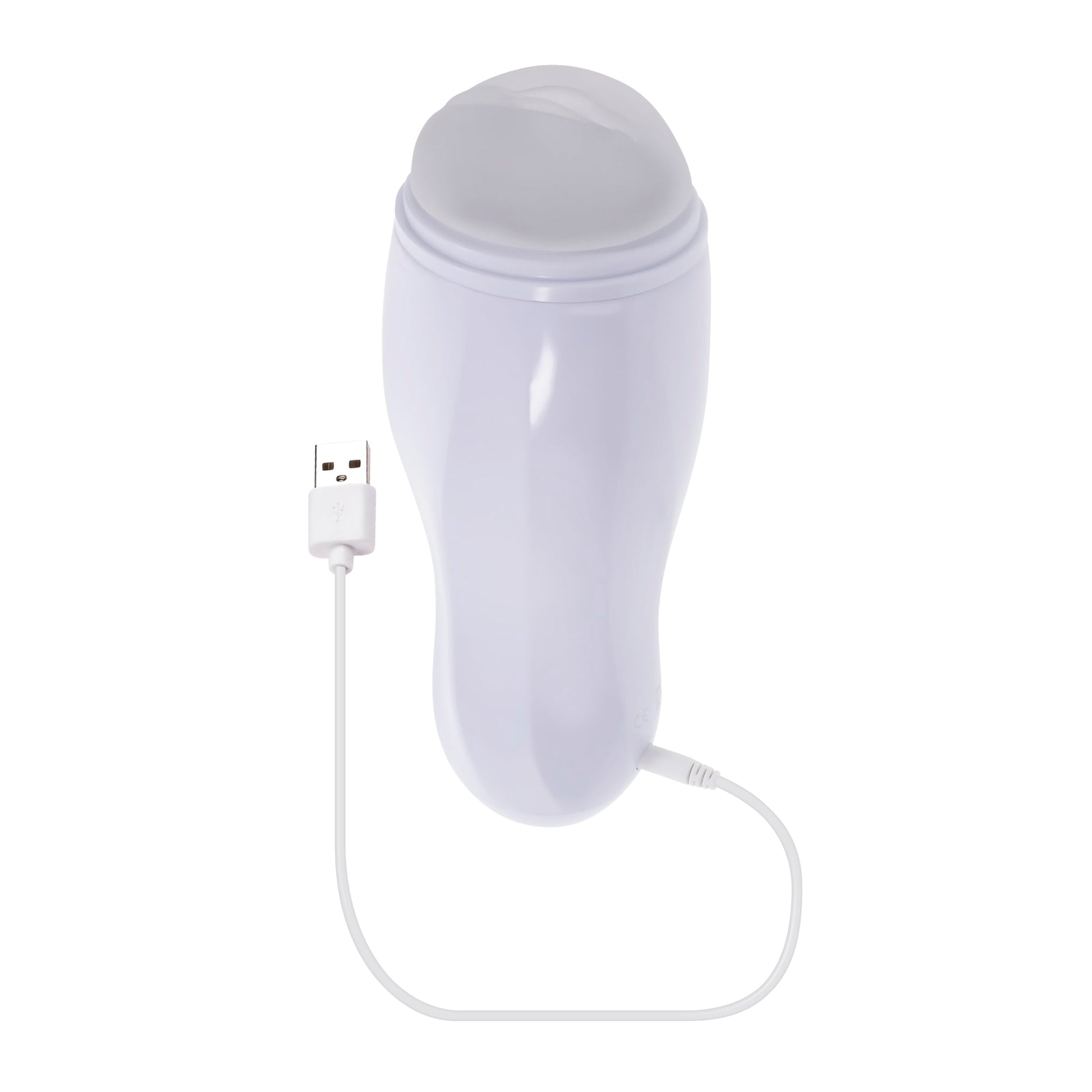 White vibrating vaginal stroker with USB charging cable.