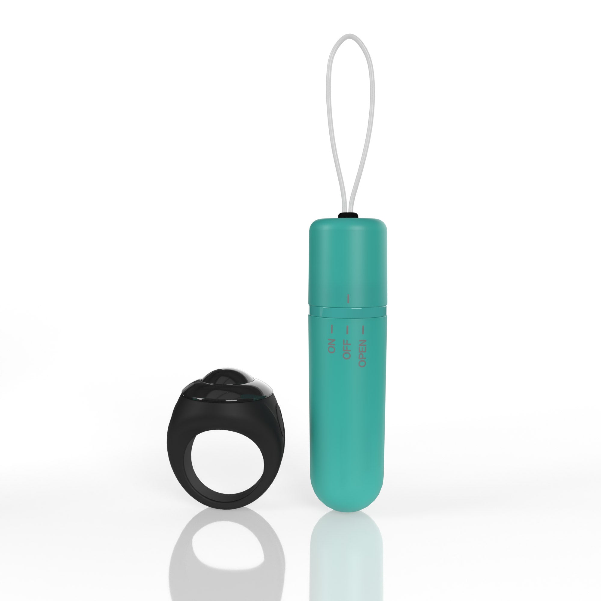 Teal remote-controlled bullet vibrator with a black ring remote.