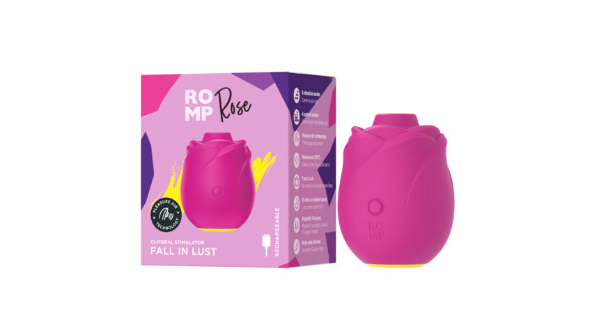 A pink rose-shaped clitoral stimulator with a yellow base.