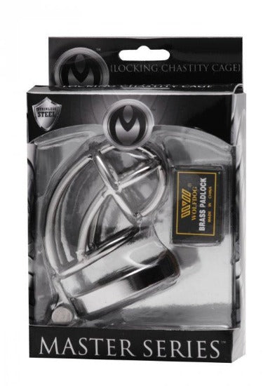 Stainless steel chastity cage with brass padlock in packaging.