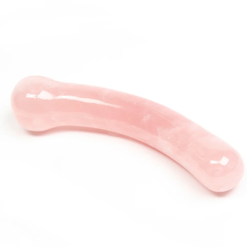 Curved pink rose quartz pleasure wand with a bulbous end.