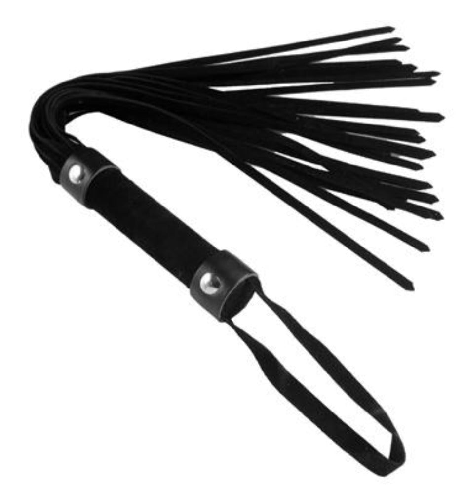 Short black suede flogger with a spiral-wrapped handle and loop.