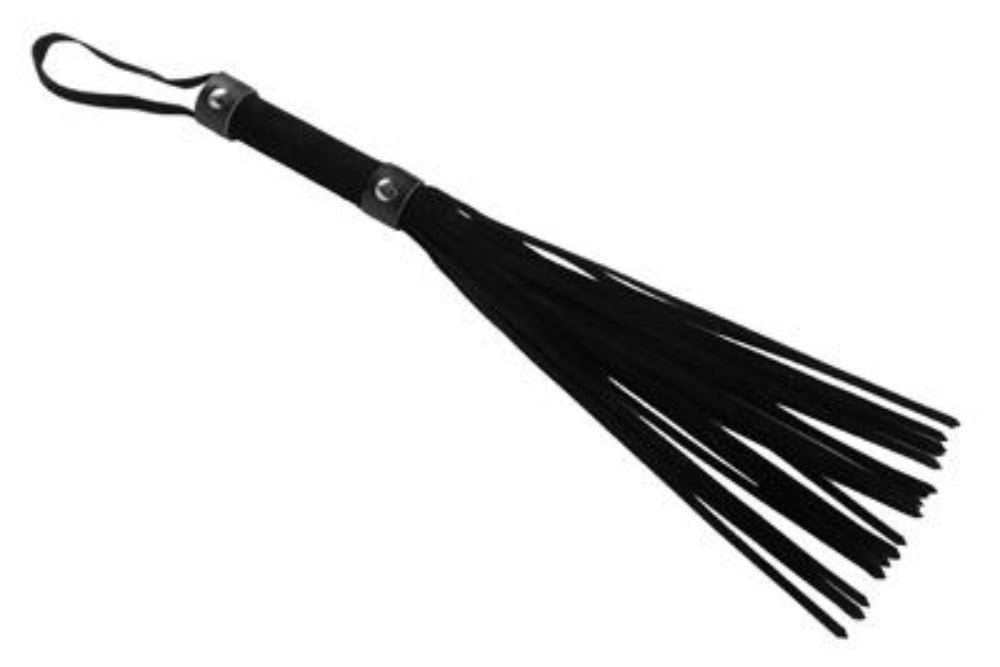 Black suede flogger with a spiral-wrapped handle and loop.