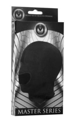 Black spandex hood with an open mouth design.