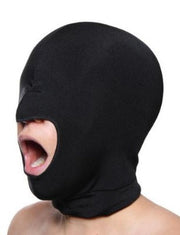 Black spandex hood with an open mouth design.