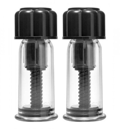 Two clear nipple suckers with black twist-action tops.