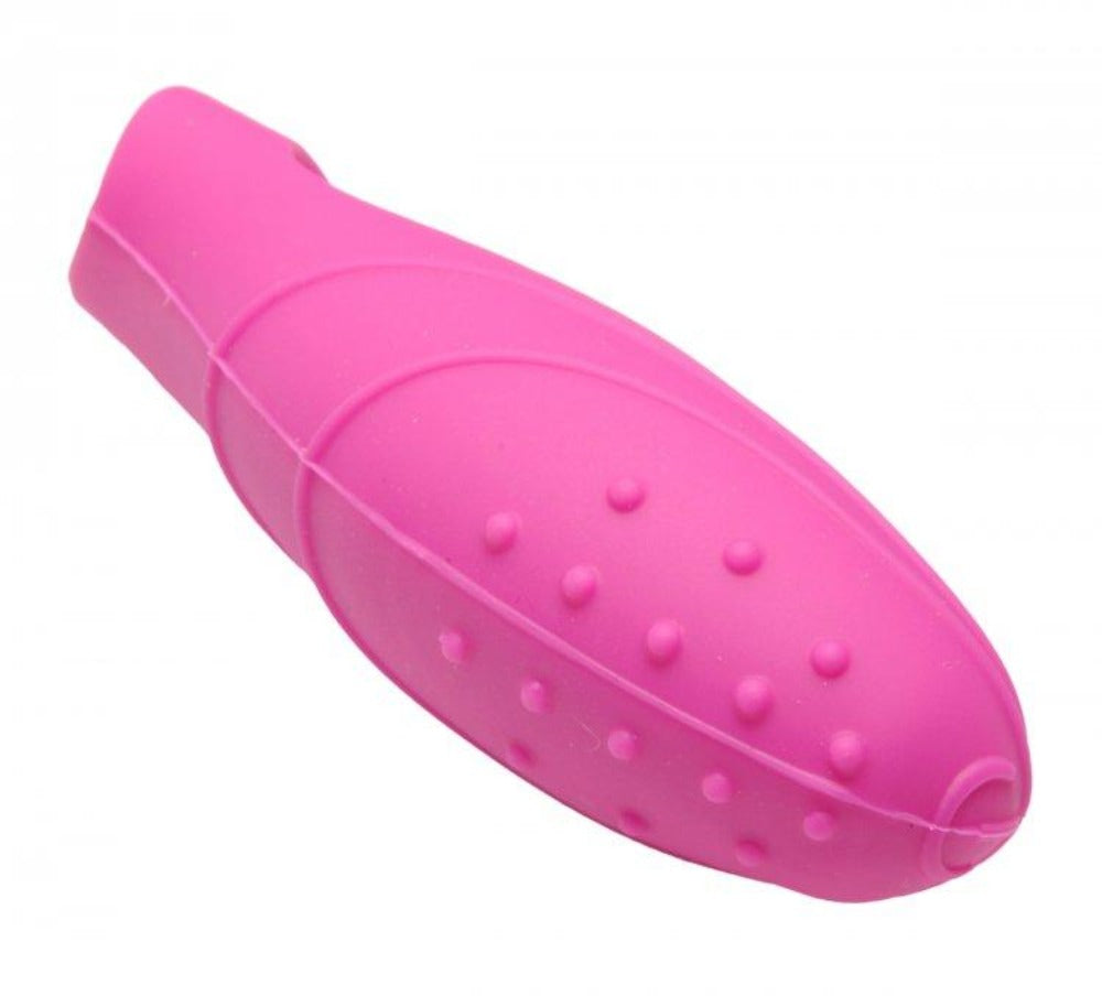Pink silicone finger vibrator with textured bumps.