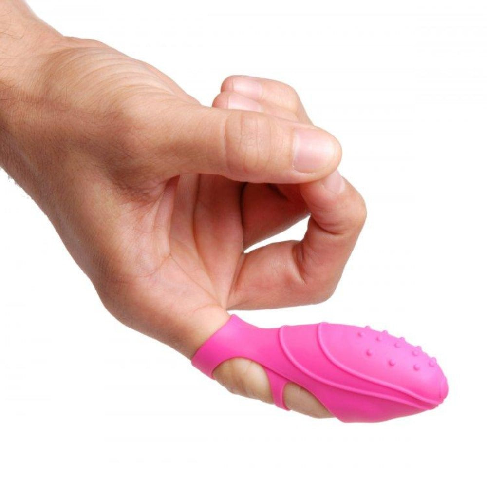 Pink textured silicone finger vibrator with a textured stimulator.