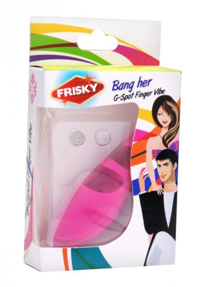 Frisky pink silicone G-spot finger vibrator in packaging with couple illustration.
