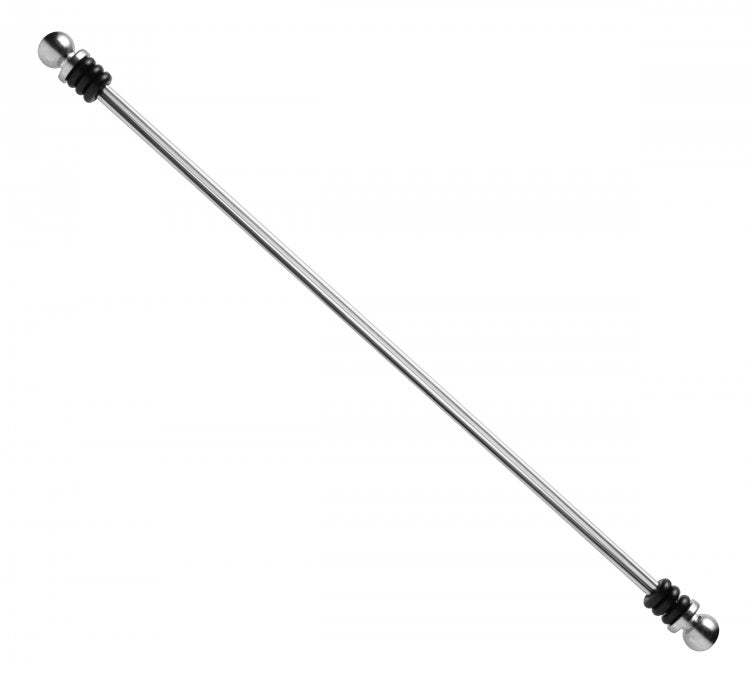 Silver metal pincher with black rubber rings and ball ends.