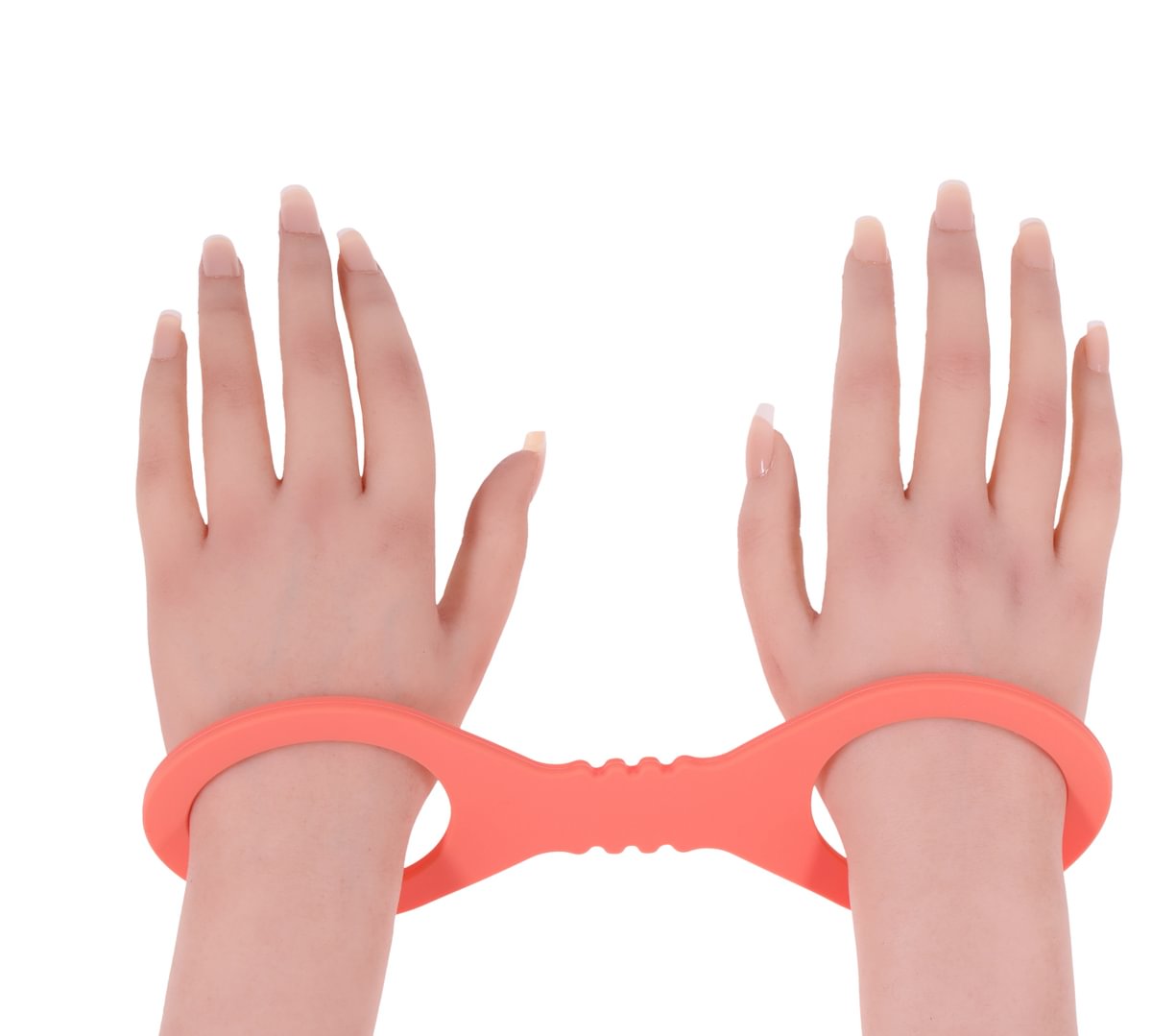 Large peach silicone wrist cuffs with a buckle-free design.