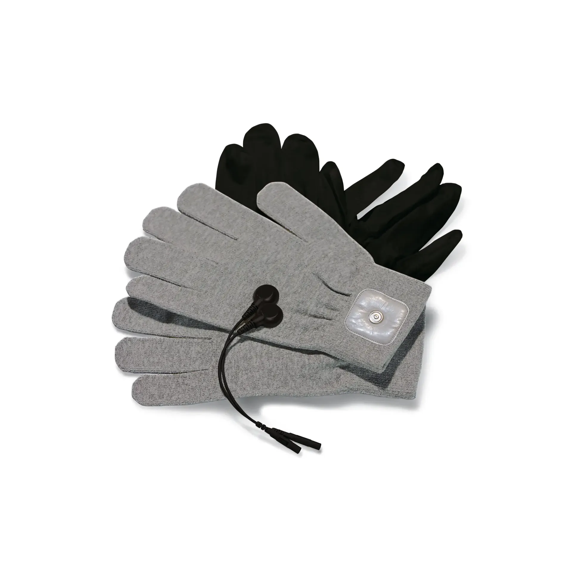 A pair of grey and black conductive gloves with attached wires and adapters.