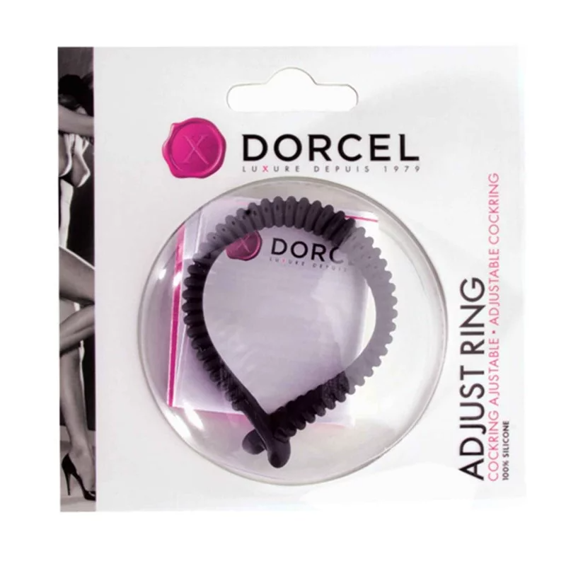 Dorcel adjustable black silicone cock ring in packaging.
