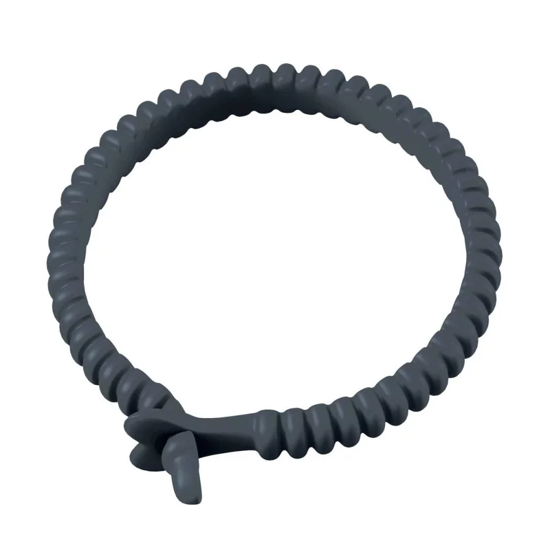 Adjustable grey silicone cock ring with a knotted closure.