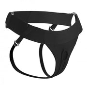Black jockstrap-style harness with adjustable straps and metal rings.