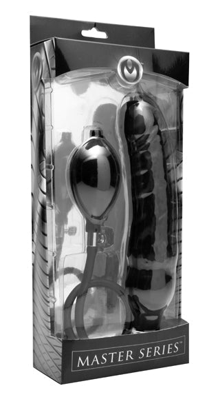 Black inflatable veiny dildo with hand pump in packaging.