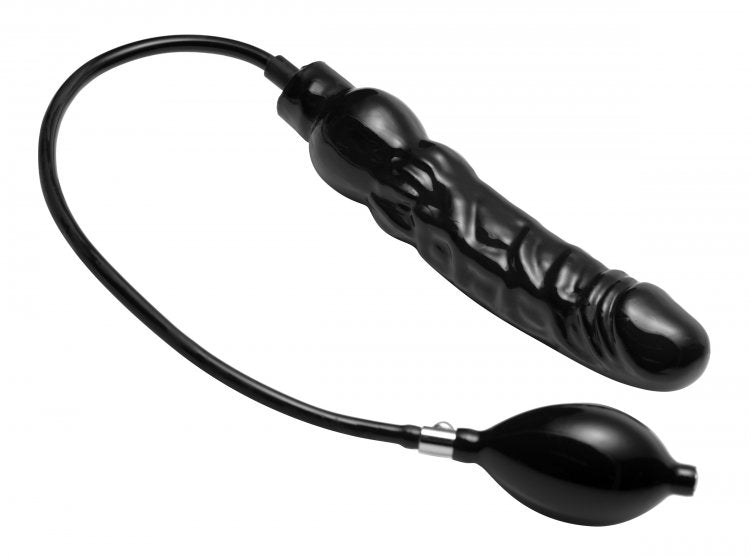 Black inflatable veiny dildo with a hand pump.