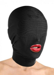 Black spandex hood with open mouth and padded blindfold.