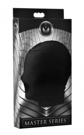 Black open-mouth spandex hood with padded blindfold in packaging.