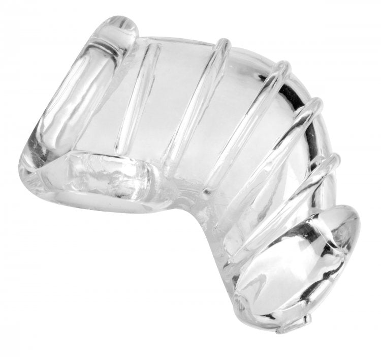 Clear TPR chastity cage with ribbed design and a curved base.