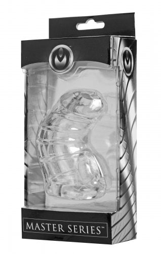 Clear TPR chastity cage in packaging with "Master Series" branding.