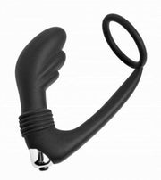 Black silicone prostate massager with a cock ring.