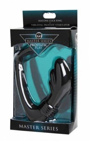 Black and teal silicone prostate massager and cock ring in packaging.